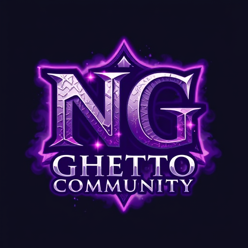 Professional logo design. Create a logo in the style of World of Warcraft. The main focus should be the bold letters "NG", designed with a fantasy or medieval-style font. Below that, add the text "Ghetto Community" in a slightly smaller fantasy font. Use a purple and white color scheme, with glowing or enchanted effects. The overall logo should feel magical, powerful, and inspired by epic fantasy — with textures like stone, metal, or magical runes. Optional: Add subtle magical aura or smoke effects in the background to enhance the atmosphere. Make it suitable as a gaming community logo.
