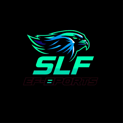 Professional logo design. Pictorial for an e-sports organization named "SLF E-SPORTS": a stylized falcon with sharp, dynamic lines, embodying speed and precision, [dominant colors like electric blue and neon green with black accents], [modern, bold sans-serif font with angular elements]. Design with a futuristic and aggressive influence, [highly detailed wing feathers and a fierce eye], with a dark, textured background.