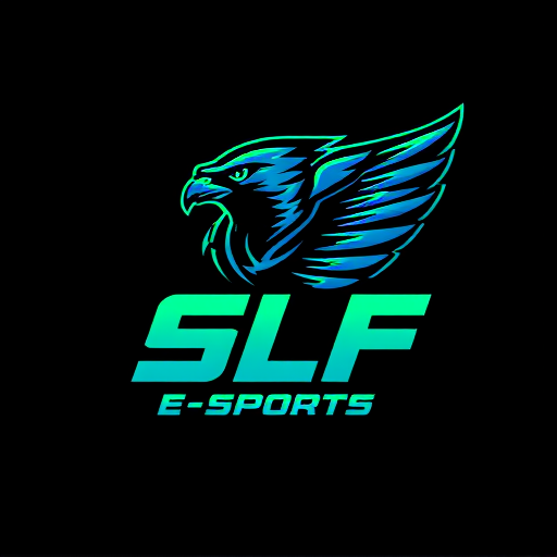 Professional logo design. Pictorial for an e-sports organization named "SLF E-SPORTS": a stylized falcon with sharp, dynamic lines, embodying speed and precision, [dominant colors like electric blue and neon green with black accents], [modern, bold sans-serif font with angular elements]. Design with a futuristic and aggressive influence, [highly detailed wing feathers and a fierce eye], with a dark, textured background.