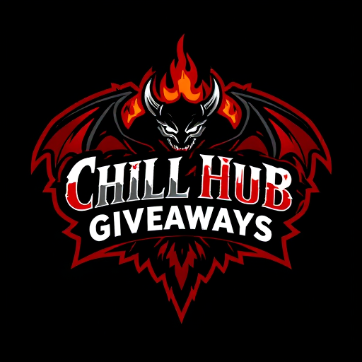 Professional logo design. Make animated banner named Chill Hub Giveaways animated and black white red flames give a dark aura add 2 powerful demon sowrd crossing feel like the are fighting 