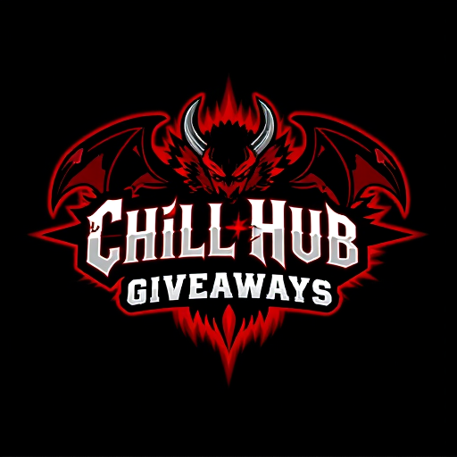 Professional logo design. Make animated banner named Chill Hub Giveaways animated and black white red flames give a dark aura add 2 powerful demon sowrd crossing feel like the are fighting 