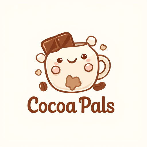 Professional logo design. Design a warm and friendly logo for a fictional brand called Cocoa Pals, which specializes in chocolate and cozy treats. The logo should feature a cute, friendly character (like a smiling chocolate bar or a hot cocoa mug) with soft, rounded edges to convey warmth and friendliness. Incorporate playful elements like chocolate swirls, cocoa beans, or marshmallows to emphasize the chocolate theme. The color palette should include rich browns, creamy whites, and soft pastel colors like light pink or mint green to create a cozy and inviting look. The text 'Cocoa Pals' should be in a playful, rounded font that complements the friendly and approachable vibe of the brand. The design should be clean, vector-style, suitable for Illustrator use, and should evoke feelings of warmth, comfort, and sweetness."