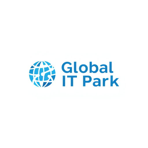 Professional logo design. A minimalist modern logo for "Global IT Park". Clean flat design, simple geometric shapes, representing technology and global connectivity. Icon could be a stylized globe or abstract circuit lines. Use sleek sans-serif typography. Professional color palette: blue, white, and silver. Very clean, elegant, and easy to use on websites, branding, and signage.