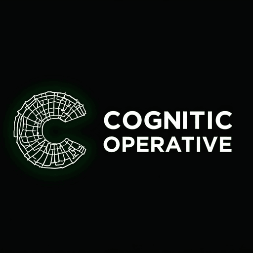 Professional logo design. Abstract neuron network forming a circular shape, in silver and neon green. Text "Cognitive Operative"
