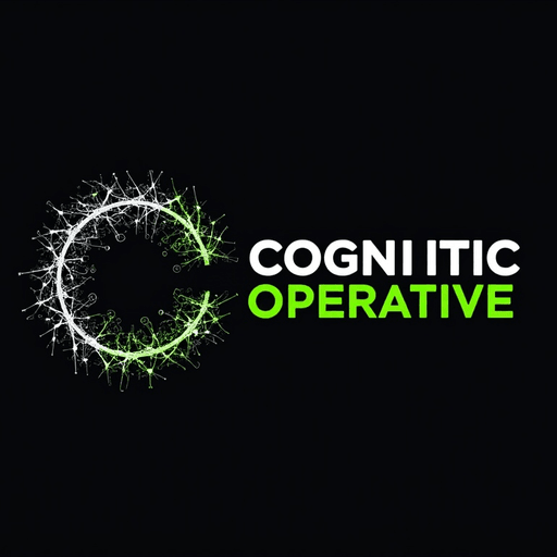 Professional logo design. Abstract neuron network forming a circular shape, in silver and neon green. Text "Cognitive Operative"