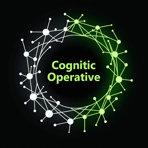 Professional logo design. Abstract neuron network forming a circular shape, in silver and neon green. Text "Cognitive Operative"