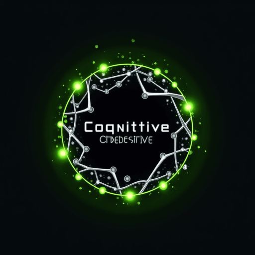 Professional logo design. Abstract neuron network forming a circular shape, in silver and neon green. Text "Cognitive Operative"