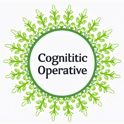 Professional logo design. Abstract neuron network forming a circular shape, in silver and neon green. Text "Cognitive Operative"