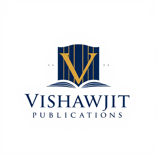Professional logo design. Letterform for a publishing house named "Vishawjit Publications": Classic and sophisticated, deep navy blue and rich gold, serif typography. Design with a hint of historical gravitas, a stylized "V" integrated into a book spine, on a white background.