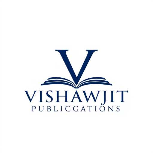 Professional logo design. Letterform for a publishing house named "Vishawjit Publications": Classic and sophisticated, deep navy blue and rich gold, serif typography. Design with a hint of historical gravitas, a stylized "V" integrated into a book spine, on a white background.