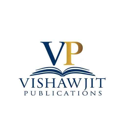 Professional logo design. Letterform for a publishing house named "Vishawjit Publications": Classic and sophisticated, deep navy blue and rich gold, serif typography. Design with a hint of historical gravitas, a stylized "VP" integrated into a book spine, on a white background.