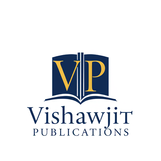 Professional logo design. Letterform for a publishing house named "Vishawjit Publications": Classic and sophisticated, deep navy blue and rich gold, serif typography. Design with a hint of historical gravitas, a stylized "VP" integrated into a book spine, on a white background.