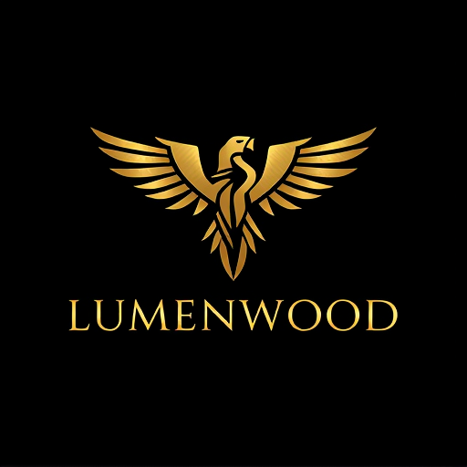 Professional logo design. "A sophisticated, modern logo for 'LUMENWOOD' featuring a stylized, geometric phoenix or eagle with outstretched wings. The design should have a luxurious, premium feel, utilizing a shimmering gold or bronze color palette against a dark, deep blue or black background. The typography for 'LUMENWOOD' should be elegant and sans-serif, complementing the strong lines of the bird emblem. The overall aesthetic should convey strength, aspiration,