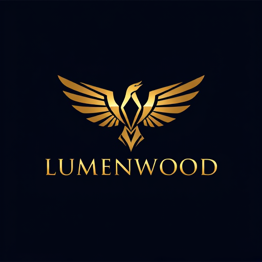 Professional logo design. "A sophisticated, modern logo for 'LUMENWOOD' featuring a stylized, geometric phoenix or eagle with outstretched wings. The design should have a luxurious, premium feel, utilizing a shimmering gold or bronze color palette against a dark, deep blue or black background. The typography for 'LUMENWOOD' should be elegant and sans-serif, complementing the strong lines of the bird emblem. The overall aesthetic should convey strength, aspiration,