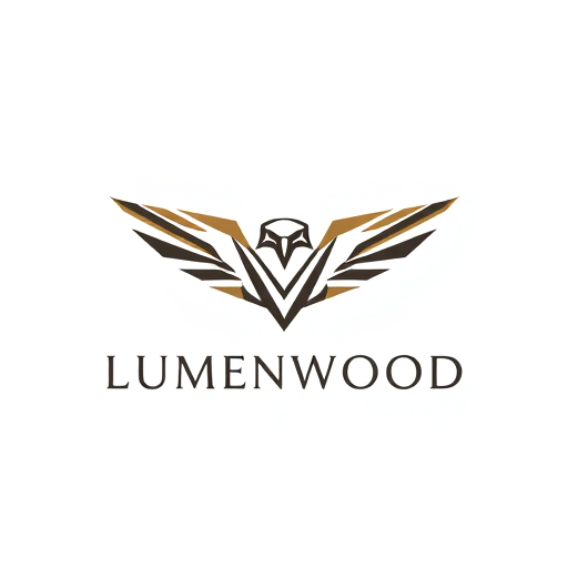 Professional logo design. LUMENWOOD Falcon Motif: Design SpecificationsPlease choose one specific option from each category to define the exact visual style of your secondary brand mark:Rendering Style:Geometric/Faceted: Composed entirely of sharp angles and triangles, suggesting a metallic, diamond-cut surface or a single light-reflecting facet.Minimalist/Line Art: Uses the fewest possible continuous lines to depict the soaring silhouette or the hook of the beak, emphasizing speed and purity of form.(Your Choice Here):Symbol Focus:The Sharp V (Wings): Focuses solely on the iconic, upward V-shape of the wings in flight, symbolizing upward movement and light breaking through.The Head Profile: Focuses on the sharp, hooked beak and intense brow, symbolizing precision and focused vision.The Talon: A highly abstract, geometric representation of the claw, symbolizing the brand's firm grip on quality and strength.(Your Choice Here):Mood/Aesthetic:Fast/Dynamic: Conveying motion, speed, and immediate, forward energy.Stoic/Premium: Symmetrical, balanced, and serene, conveying inherent, timeless quality and authority.(Your Choice Here):Key Connection to Brand:Lumen: The design uses negative space or radiating lines within the geometry to mimic light or brilliance.Wood: The design uses layered or overlapping shapes to suggest the architectural strength and texture of wood grain.
