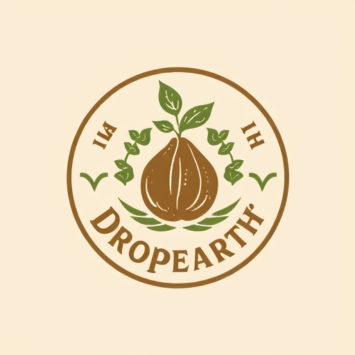 Professional logo design. Emblem for a sustainable coffee shop chain named "Dropearh: A circular design featuring a stylized coffee bean intertwined with a growing sprout, surrounded by subtle leaf motifs, Earth tones such as deep greens, rich browns, and a touch of warm beige, a classic serif font for "Dropearth with a slightly rustic feel, vintage botanical illustration influence, hand-drawn linework with a slightly aged texture, solid color background.