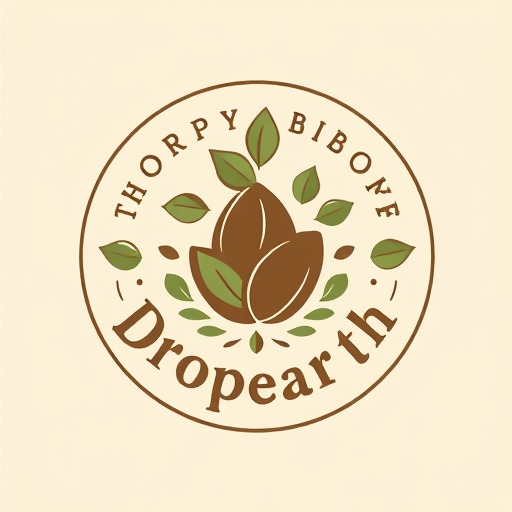Professional logo design. Emblem for a sustainable coffee shop chain named "Dropearh: A circular design featuring a stylized coffee bean intertwined with a growing sprout, surrounded by subtle leaf motifs, Earth tones such as deep greens, rich browns, and a touch of warm beige, a classic serif font for "Dropearth with a slightly rustic feel, vintage botanical illustration influence, hand-drawn linework with a slightly aged texture, solid color background.