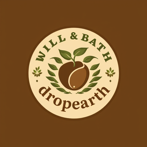 Professional logo design. Emblem for a sustainable coffee shop chain named "Dropearh: A circular design featuring a stylized coffee bean intertwined with a growing sprout, surrounded by subtle leaf motifs, Earth tones such as deep greens, rich browns, and a touch of warm beige, a classic serif font for "Dropearth with a slightly rustic feel, vintage botanical illustration influence, hand-drawn linework with a slightly aged texture, solid color background.