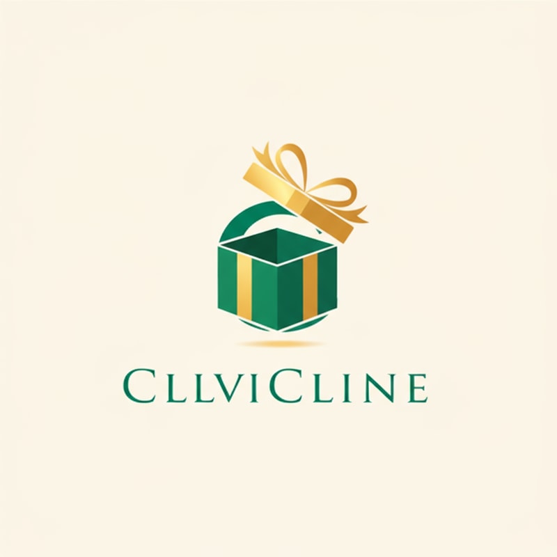 Replace the simple rectangle box above the letter C with a 3D-style gift box inside the curve of the C. Show the box top slightly open, with the lid tilted upward, as if the box is being opened. Keep the bow or ribbon on the lid. Use clean vector style with green and gold colors