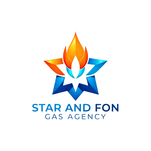 Professional logo design. IQRA STAR AND FON GAS AGENCY logo — a modern, clean emblem with a stylized star and gas flame icon, vibrant blues and oranges, bright and energetic, geometric and abstract, incorporating subtle metallic textures, white background.