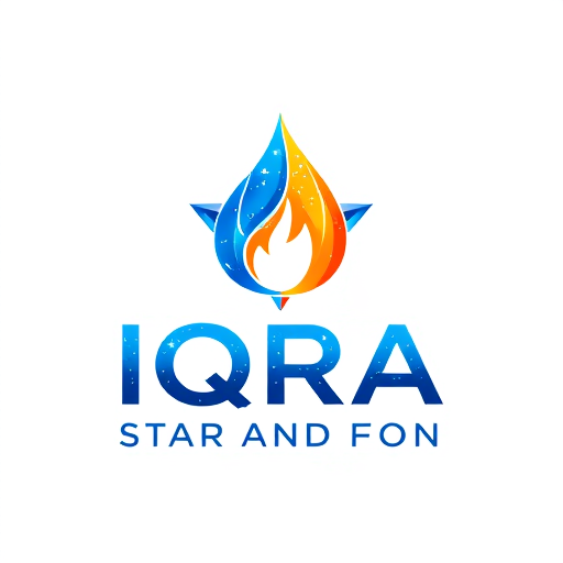 Professional logo design. IQRA STAR AND FON GAS AGENCY logo — a modern, clean emblem with a stylized star and gas flame icon, vibrant blues and oranges, bright and energetic, geometric and abstract, incorporating subtle metallic textures, white background.