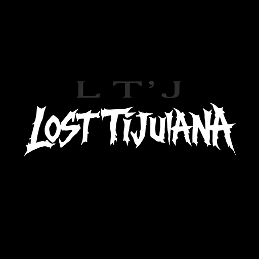 Professional logo design. "Design a logo for 'Lost Tijuana.' 'Lost' in graffiti font, 'Tijuana' in block font. White text on a black background. The central element should be the initials 'LTJ.' with death metal font. The design needs to be simple, memorable, timeless, and versatile."