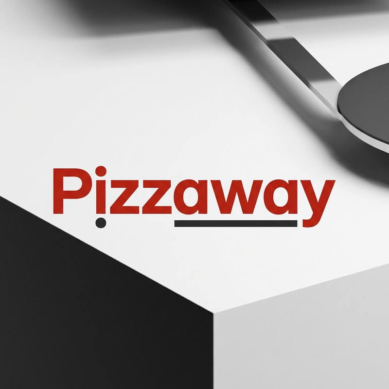 A clean, modern wordmark logo design for a pizza restaurant named "Pizzaway" — Centered, simple composition emphasizing typography and readability — Deep tomato red, mozzarella white, and charcoal black accents — Studio lighting, high contrast, clean, professional mood — Modern vector graphic, minimalist design, bold sans-serif typeface — Generate a 2D graphic optimized for branding use; keep text/logos/labels EXACTLY unchanged; no rewriting, redrawing, correcting, or adding any text; Required text: "Pizzaway" — Pure white background.
