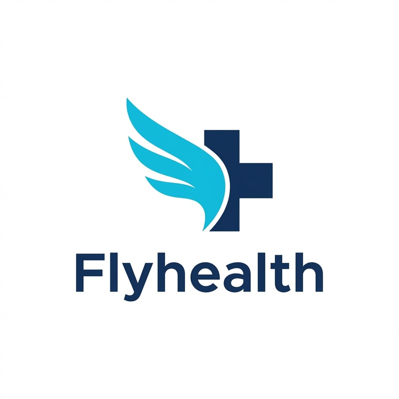 A minimalist professional logo for "Flyhealth" featuring a stylized soaring wing integrated with a clean medical cross symbol — A balanced, centered emblem design with the brand name "Flyhealth" placed horizontally beneath the icon, A palette of clinical navy blue and bright cyan against stark white, Bright and modern, Flat vector graphic with sharp edges and geometric precision, Render the exact text "Flyhealth"; keep text/logos/labels EXACTLY unchanged; no rewriting, redrawing, correcting, or adding any text; avoid 3D effects or gradients, A clean and solid white backdrop.