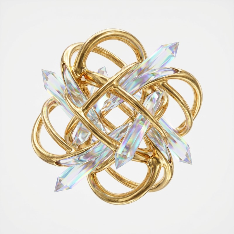 A singular, surreal floating sculpture composed of interlocking liquid gold rings and iridescent crystalline shards — Centered portrait orientation, focusing on the intricate internal lattice and light refraction, Shifting pearlescent tones, polished gold, and prismatic light leaks, Bright, high-contrast studio lighting to define textures and metallic surfaces, Clean 3D digital render with high-gloss finishes, Isolated asset with perfectly sharp edges; do not include any shadows, ground planes, or secondary objects, Solid, seamless white background.