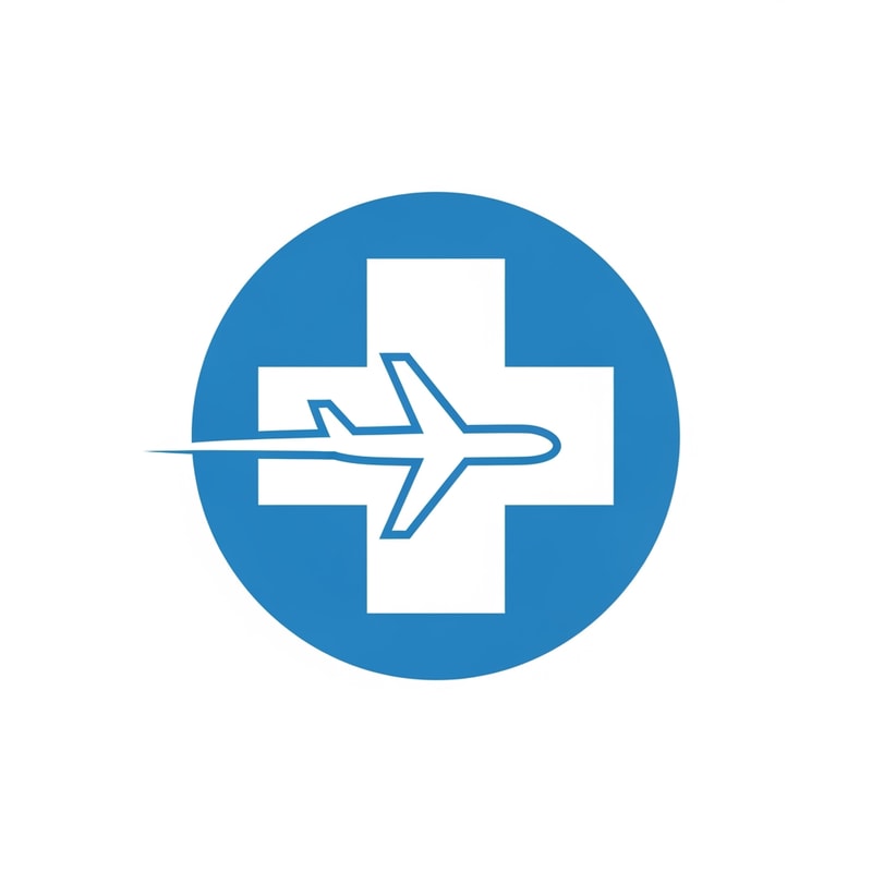 A minimalist logo for a medical tourism company featuring a stylized airplane silhouette merged with a medical cross symbol — Centered circular emblem with geometric and symmetrical balance, Professional medical blues and clean white, Bright, modern, and trustworthy, Flat vector graphic with clean lines and no gradients, Use only the icon; strictly no text, letters, or numbers; the airplane and medical symbol must be contained within a solid circle, Isolated on a plain white background.