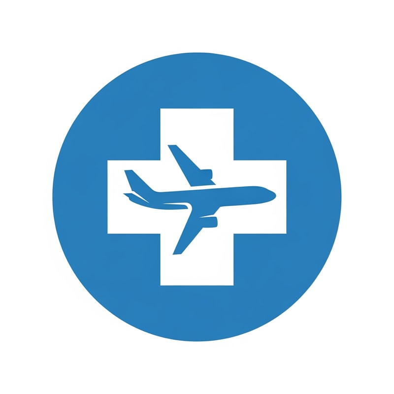 A minimalist logo for a medical tourism company featuring a stylized airplane silhouette merged with a medical cross symbol — Centered circular emblem with geometric and symmetrical balance, Professional medical blues and clean white, Bright, modern, and trustworthy, Flat vector graphic with clean lines and no gradients, Use only the icon; strictly no text, letters, or numbers; the airplane and medical symbol must be contained within a solid circle, Isolated on a plain white background.