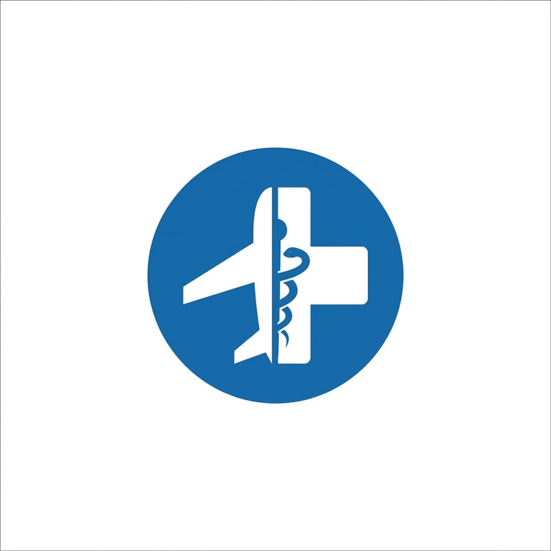 A minimalist logo for a medical tourism company featuring a stylized airplane silhouette merged with a medical cross symbol — Centered circular emblem with geometric and symmetrical balance, Professional medical blues and clean white, Bright, modern, and trustworthy, Flat vector graphic with clean lines and no gradients, Use only the icon; strictly no text, letters, or numbers; the airplane and medical symbol must be contained within a solid circle, Isolated on a plain white background.