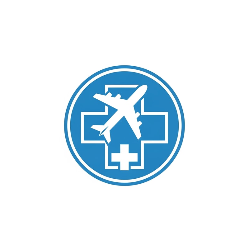 A minimalist logo for a medical tourism company featuring a stylized airplane silhouette merged with a medical cross symbol — Centered circular emblem with geometric and symmetrical balance, Professional medical blues and clean white, Bright, modern, and trustworthy, Flat vector graphic with clean lines and no gradients, Use only the icon; strictly no text, letters, or numbers; the airplane and medical symbol must be contained within a solid circle, Isolated on a plain white background.