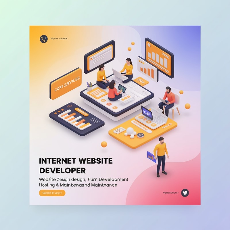 give me a social media post of Internet Website Developers, text showing services seen in 3d color is dark orange & yellow