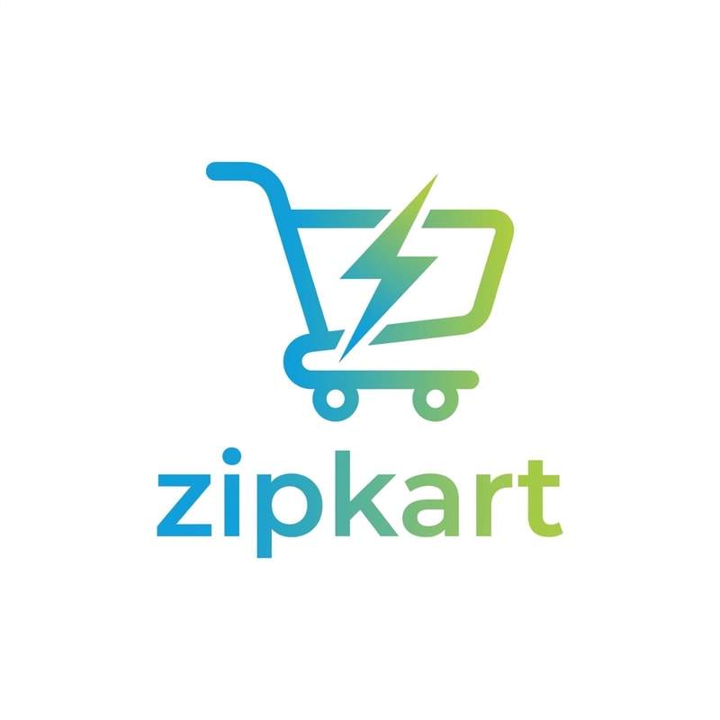 A minimalist and modern logo icon for a grocery brand, featuring a stylized, dynamic shopping cart silhouette integrated with a lightning bolt motif to suggest speed. Use a clean, professional vector aesthetic with a vibrant gradient color palette of electric blue and citrus green on a crisp white background to represent efficiency and freshness for {{product:zipkart}}.