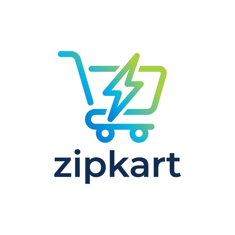 A minimalist and modern logo icon for a grocery brand, featuring a stylized, dynamic shopping cart silhouette integrated with a lightning bolt motif to suggest speed. Use a clean, professional vector aesthetic with a vibrant gradient color palette of electric blue and citrus green on a crisp white background to represent efficiency and freshness for {{product:zipkart}}.