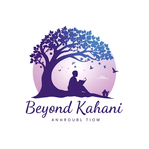 Professional logo design. Logo for 'Beyond Kahani' — a silhouette of a person sitting under a tree reading a book, with magical elements (birds, stars, clouds) emerging from the book. Soft gradients of purple and teal, dreamy artistic style.