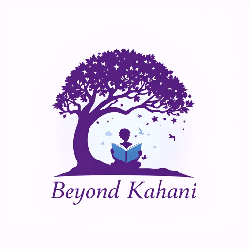 Professional logo design. Logo for 'Beyond Kahani' — a silhouette of a person sitting under a tree reading a book, with magical elements (birds, stars, clouds) emerging from the book. Soft gradients of purple and teal, dreamy artistic style.