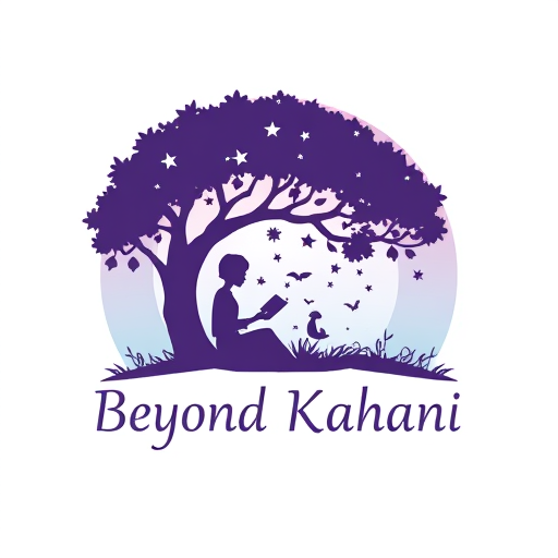 Professional logo design. Logo for 'Beyond Kahani' — a silhouette of a person sitting under a tree reading a book, with magical elements (birds, stars, clouds) emerging from the book. Soft gradients of purple and teal, dreamy artistic style.