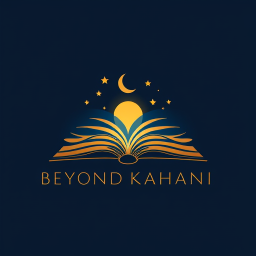 Professional logo design. A minimalist yet mystical logo for 'Beyond Kahani', featuring an open book with glowing pages transforming into stars, moon, and abstract waves. Elegant typography, dark blue and golden tones, modern flat design, cinematic feel.