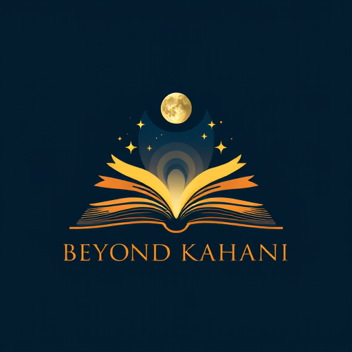 Professional logo design. A minimalist yet mystical logo for 'Beyond Kahani', featuring an open book with glowing pages transforming into stars, moon, and abstract waves. Elegant typography, dark blue and golden tones, modern flat design, cinematic feel.