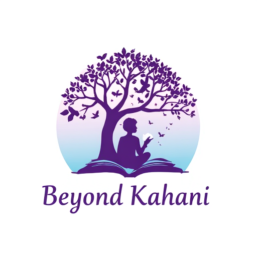 Professional logo design. Logo for 'Beyond Kahani' — a silhouette of a person sitting under a tree reading a book, with magical elements (birds, stars, clouds) emerging from the book. Soft gradients of purple and teal, dreamy artistic style.