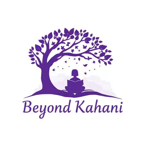 Professional logo design. Logo for 'Beyond Kahani' — a silhouette of a person sitting under a tree reading a book, with magical elements (birds, stars, clouds) emerging from the book. Soft gradients of purple and teal, dreamy artistic style.