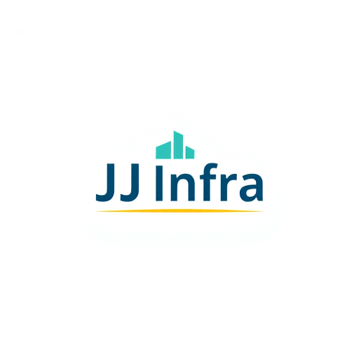 Professional logo design. A logo design featuring the word "JJ Infra" set in a clean, modern sans-serif typeface in small size . The "J" in "JJ Infra" subtly transforms into meaningful symbol for buildings and construction, suggesting growth and progress, with a gentle gradient of teal to dark blue. Beneath the logo, a thin, horizontal line in gold adds a touch of sophistication, Above the word 'JJ Infra' create unique bold symbol for budlings and constructions  and infrastructure that specify to the construction business ,while the background is a crisp white, ensuring readability and a professional feel. The overall design is minimalist yet impactful, embodying trust and forward momentum for a performance-driven brand. The symbol should have Hidden D letter in it