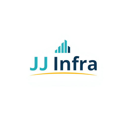 Professional logo design. A logo design featuring the word "JJ Infra" set in a clean, modern sans-serif typeface in small size . The "J" in "JJ Infra" subtly transforms into meaningful symbol for buildings and construction, suggesting growth and progress, with a gentle gradient of teal to dark blue. Beneath the logo, a thin, horizontal line in gold adds a touch of sophistication, Above the word 'JJ Infra' create unique bold symbol for budlings and constructions  and infrastructure that specify to the construction business ,while the background is a crisp white, ensuring readability and a professional feel. The overall design is minimalist yet impactful, embodying trust and forward momentum for a performance-driven brand. The symbol should have Hidden D letter in it