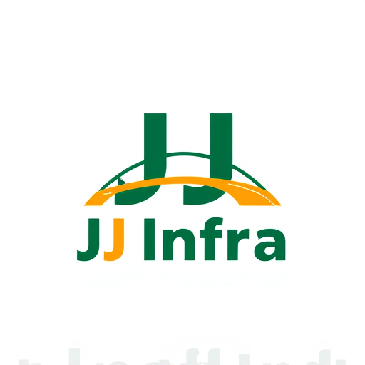 Professional logo design. Create a flat vector, illustrative-style wordmark logo design for a construction and infrastructure business named 'JJ Infra', where the double J's are designed as interconnected road or bridge segments with the hidden capital D seamlessly integrated as a curved overpass connecting the two J structures. Use deep forest green for stability and bright amber for progress, representing sustainable infrastructure development against a white background. Do not show any realistic photo detail shading.