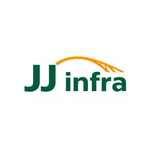 Professional logo design. Create a flat vector, illustrative-style wordmark logo design for a construction and infrastructure business named 'JJ Infra', where the double J's are designed as interconnected road or bridge segments with the hidden capital D seamlessly integrated as a curved overpass connecting the two J structures. Use deep forest green for stability and bright amber for progress, representing sustainable infrastructure development against a white background. Do not show any realistic photo detail shading.