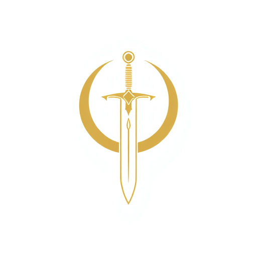 Professional logo design. A minimalist emblem of a medieval claymore sword with a crescent moon behind it. The design should be elegant and ornamental, with clean lines, using only white and gold colors. The logo must look like a heroic insignia suitable for a superhero chest symbol.