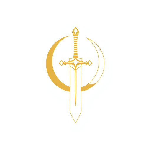Professional logo design. A minimalist emblem of a medieval claymore sword with a crescent moon behind it. The design should be elegant and ornamental, with clean lines, using only white and gold colors. The logo must look like a heroic insignia suitable for a superhero chest symbol.