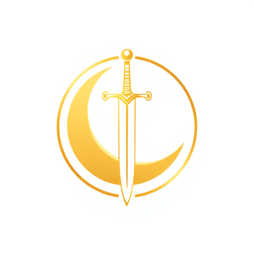 Professional logo design. A clean and simple emblem of a medieval claymore sword with subtle decorative details, placed in front of a crescent moon. The logo is gold, inside a circle, on a white background. The design should be bold, clear, and iconic, suitable for a comic book superhero chest insignia.